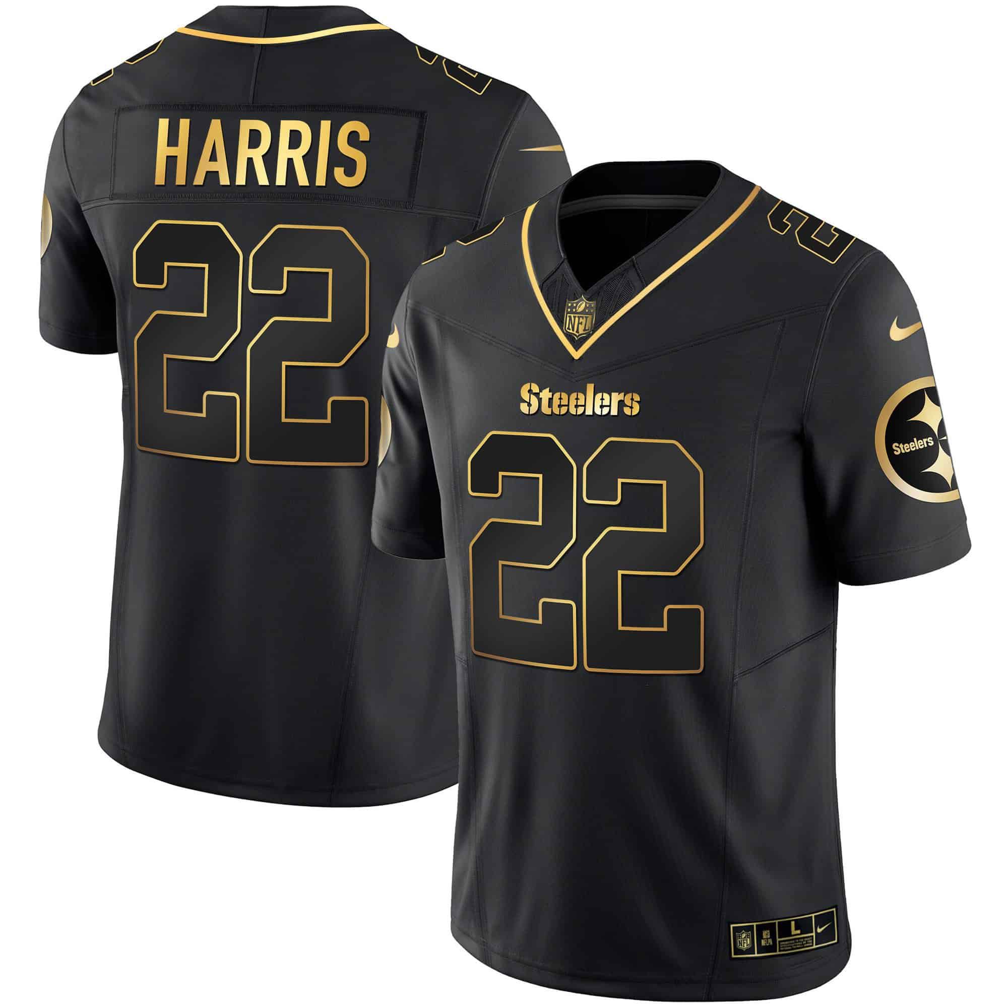 Men Pittsburgh Steelers #22 Harris Black Gold 2024 Nike Vapor Limited NFL Jersey style 2